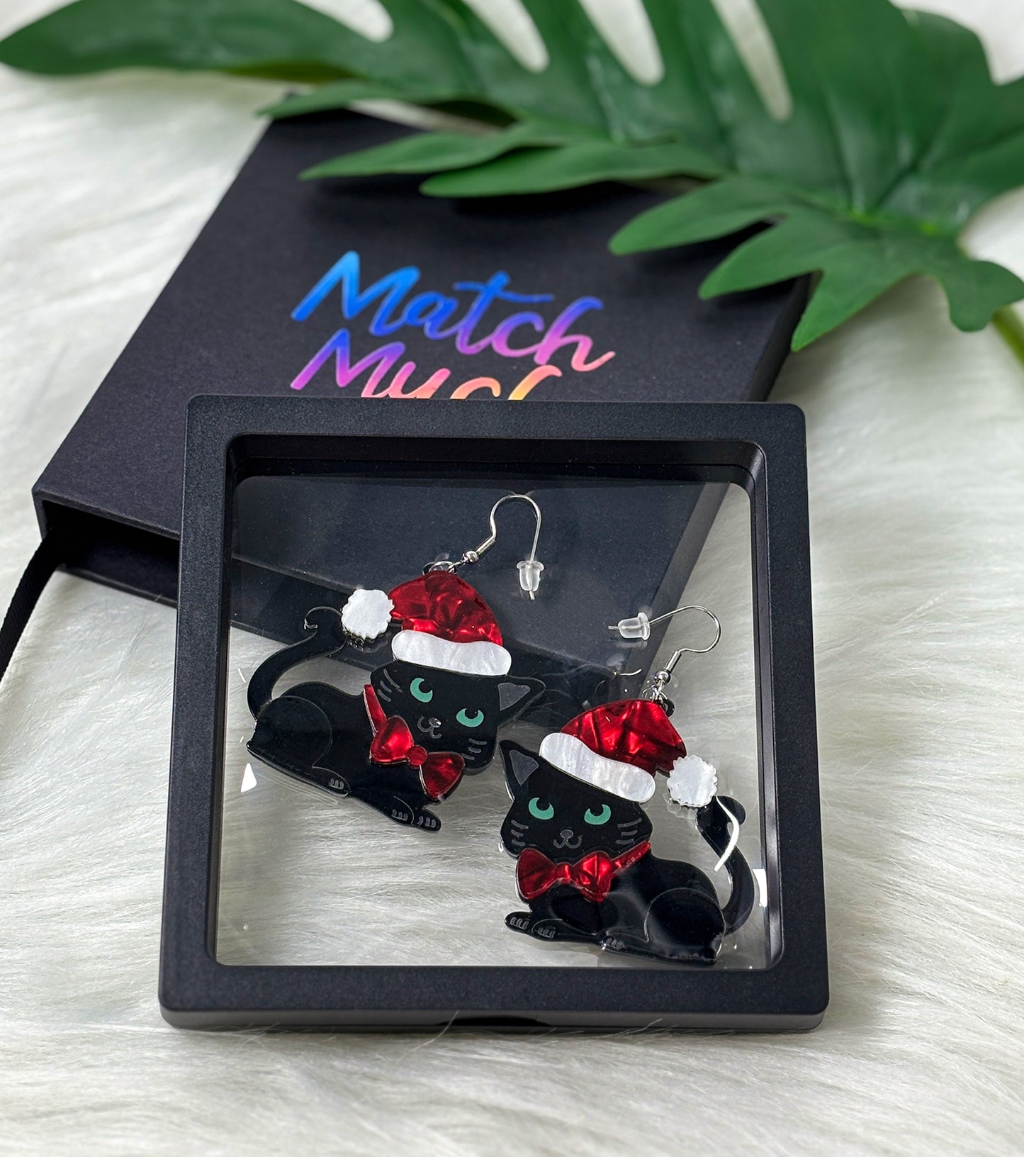 Cat with Santa Hat Earrings Christmas Statement Jewelry for Women