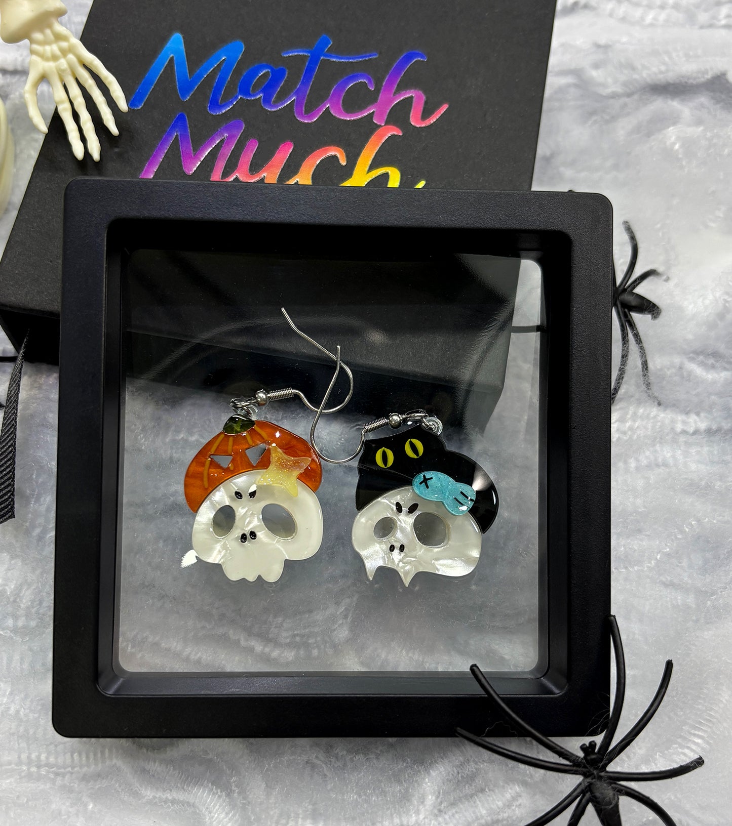 Cat Pumpkin on Ghost Earrings Acrylic Resin Halloween Statement Jewelry for Women