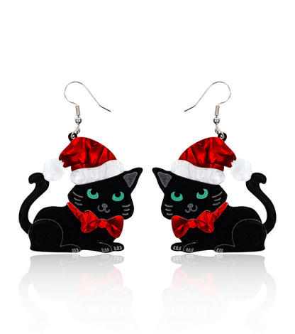 Cat with Santa Hat Earrings Christmas Statement Jewelry for Women
