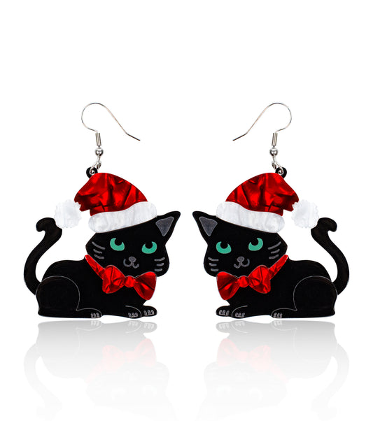 Cat with Santa Hat Earrings Christmas Statement Jewelry for Women
