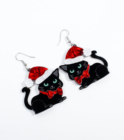 Cat with Santa Hat Earrings Christmas Statement Jewelry for Women