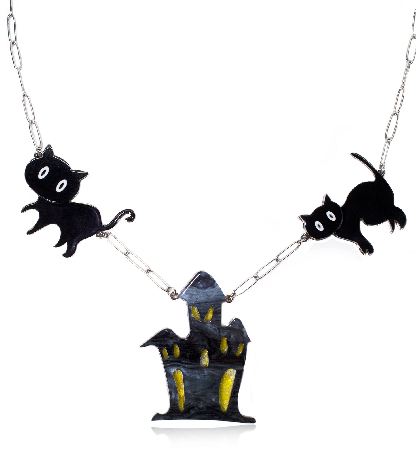 Cat Ghost House Necklace Acrylic Resin Halloween Statement Jewelry for Women
