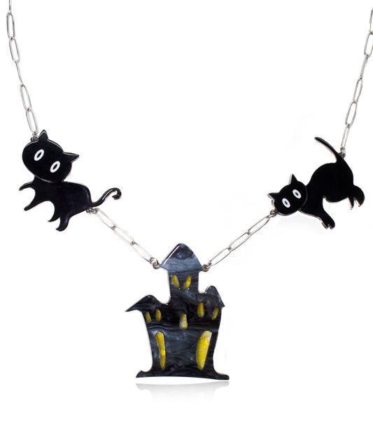 Cat Ghost House Necklace Acrylic Resin Halloween Statement Jewelry for Women