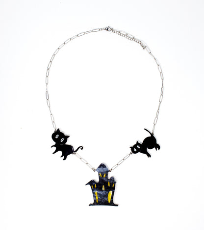 Cat Ghost House Necklace Acrylic Resin Halloween Statement Jewelry for Women