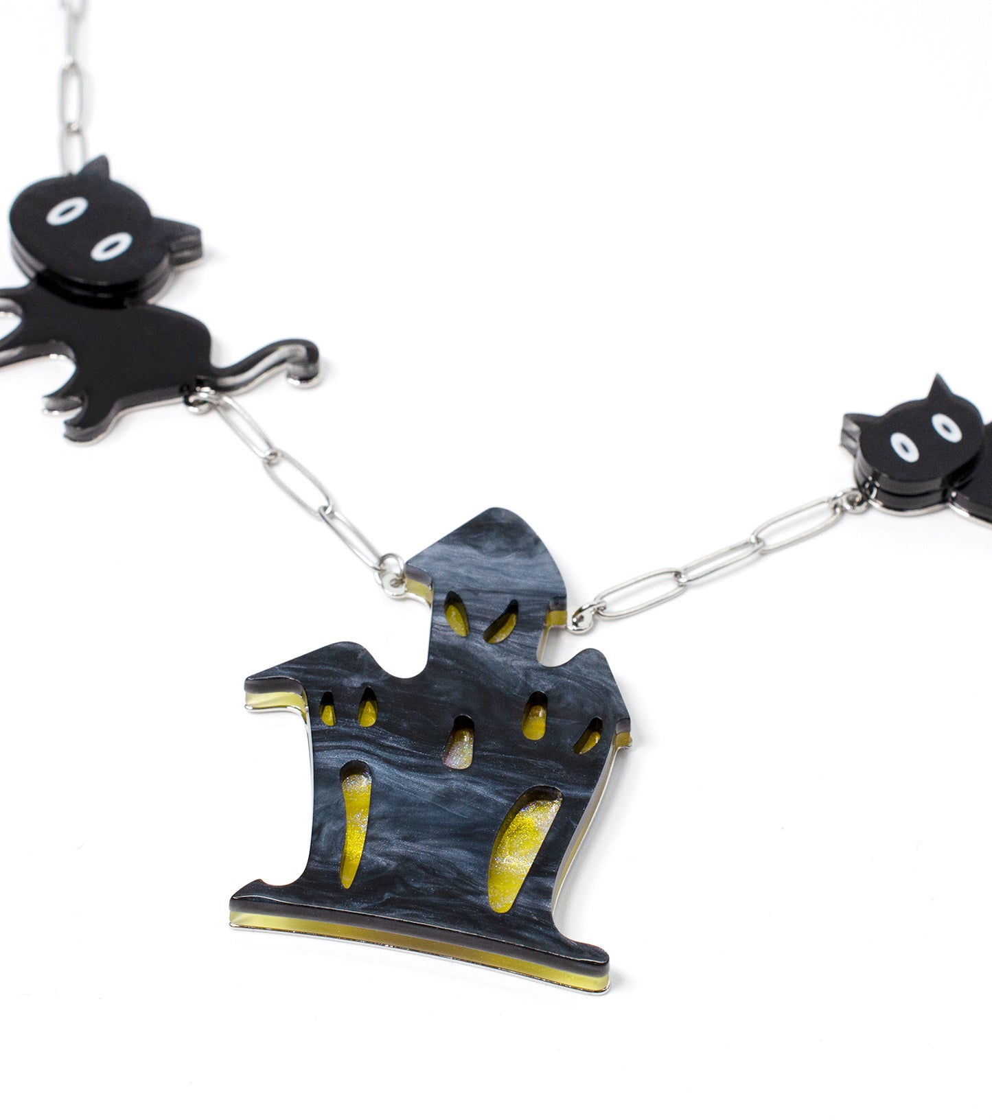 Cat Ghost House Necklace Acrylic Resin Halloween Statement Jewelry for Women