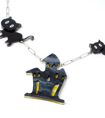 Cat Ghost House Necklace Acrylic Resin Halloween Statement Jewelry for Women