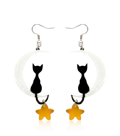 Cat on Moon Earrings Acrylic Resin Halloween Statement Jewelry for Women