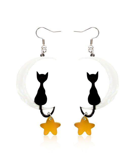 Cat on Moon Earrings Acrylic Resin Halloween Statement Jewelry for Women