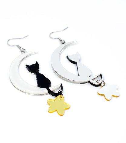 Cat on Moon Earrings Acrylic Resin Halloween Statement Jewelry for Women